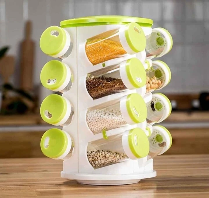 Transparent Rotating Seasoning Storage Organizer For Kitchen, Set Of 16 Jars Use